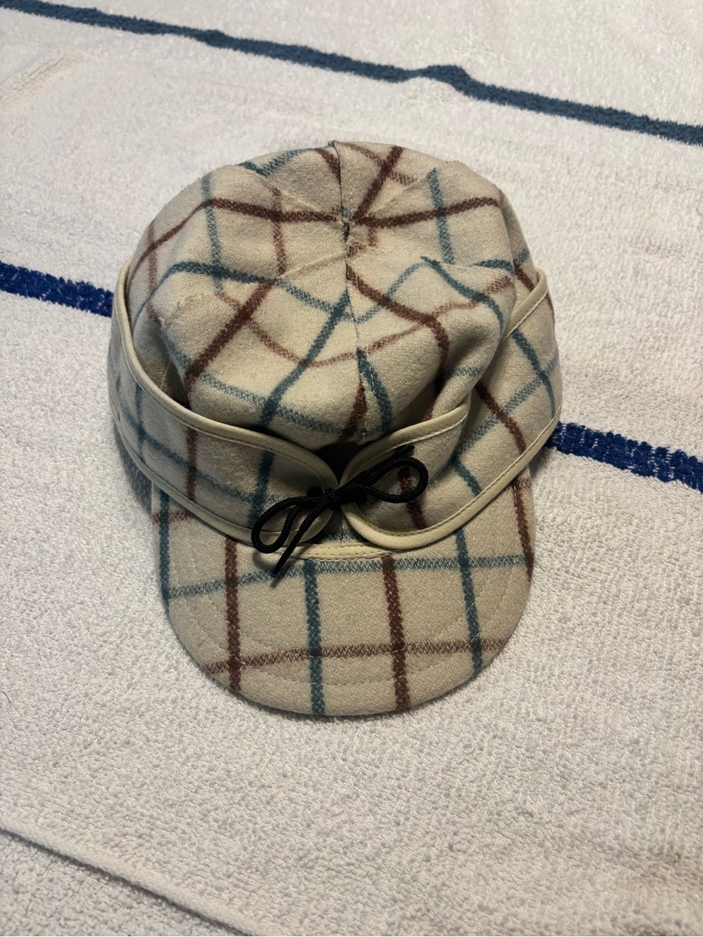 Cream Plaid Wool Visor Cap with Bow